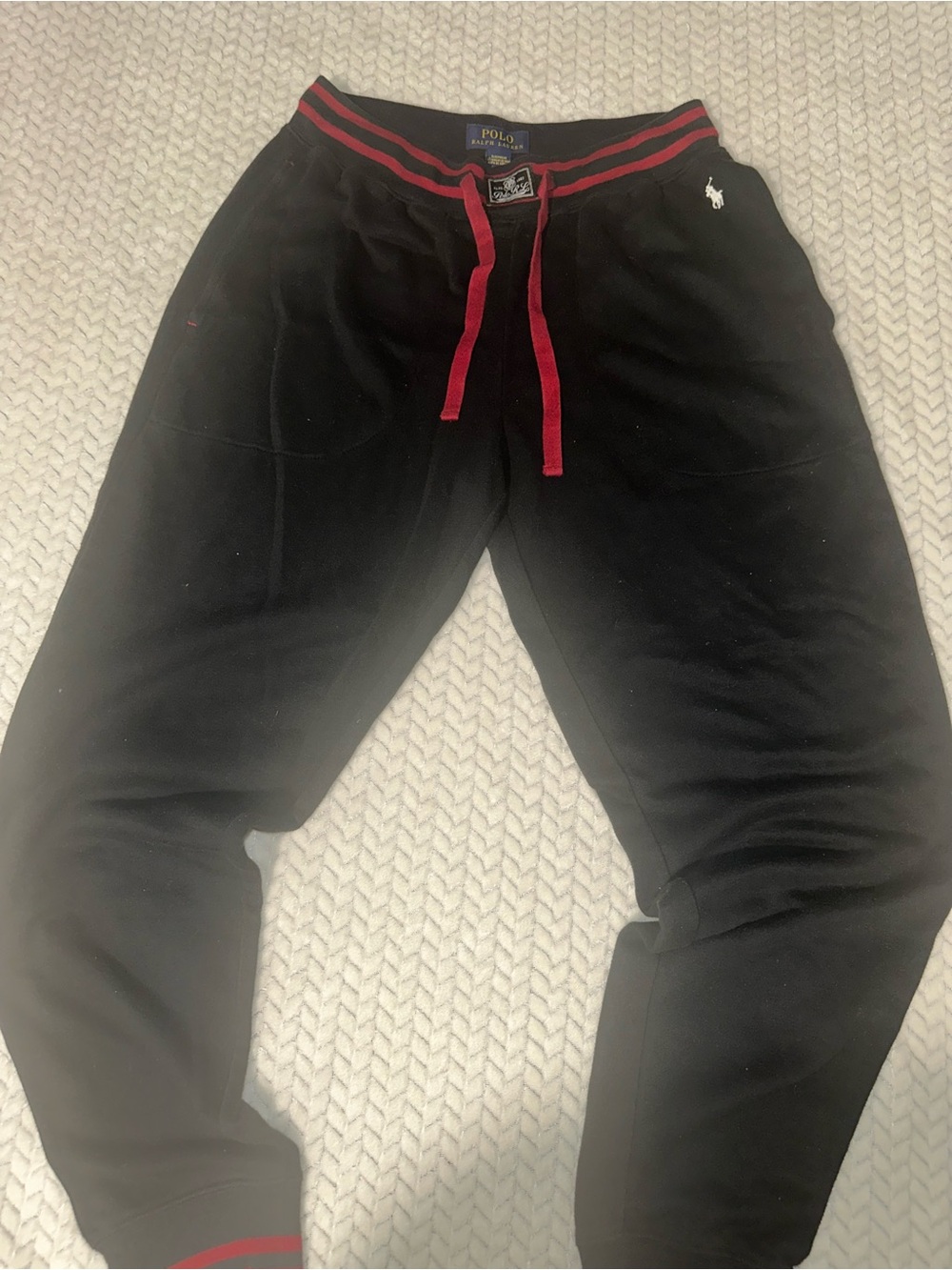 Polo Ralph Lauren Sleepwear Jogger Pant Pockets Black W/ Red Stripe Sz Med